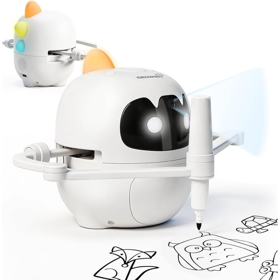 Grownsy Smart Drawing Robot for Kids, Light & Voice Guidance Education Toy with Scan, Doodle Bot with 150 Word Cards & 12 Color Pens, Montessori Painting Learning Toys for Kids Ages 3–8, Birthday Gif