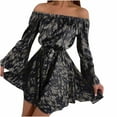 thumbnail image 2 of CEHVOM Women Off TheShoulder Ruffle Printing Long Sleeve Draw Back Skirt Bud Dress, 2 of 5