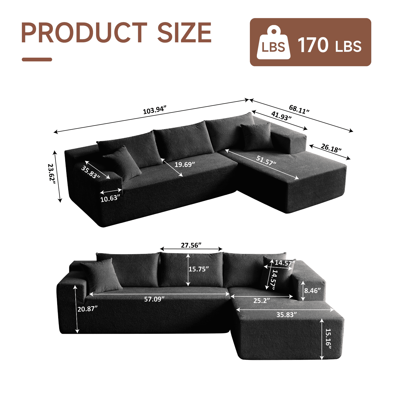 104" Sectional Sofa, L-Shaped Modern Modular High-Density Sponge Corner Sofa with Chaise Lounge & Pillows, Upholstered Cloud Couch for Living Room Bedroom Apartment