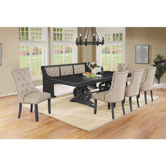 Dark Gray Wood Dining Set with Extendable Table   Beige Linen Chairs   Bench