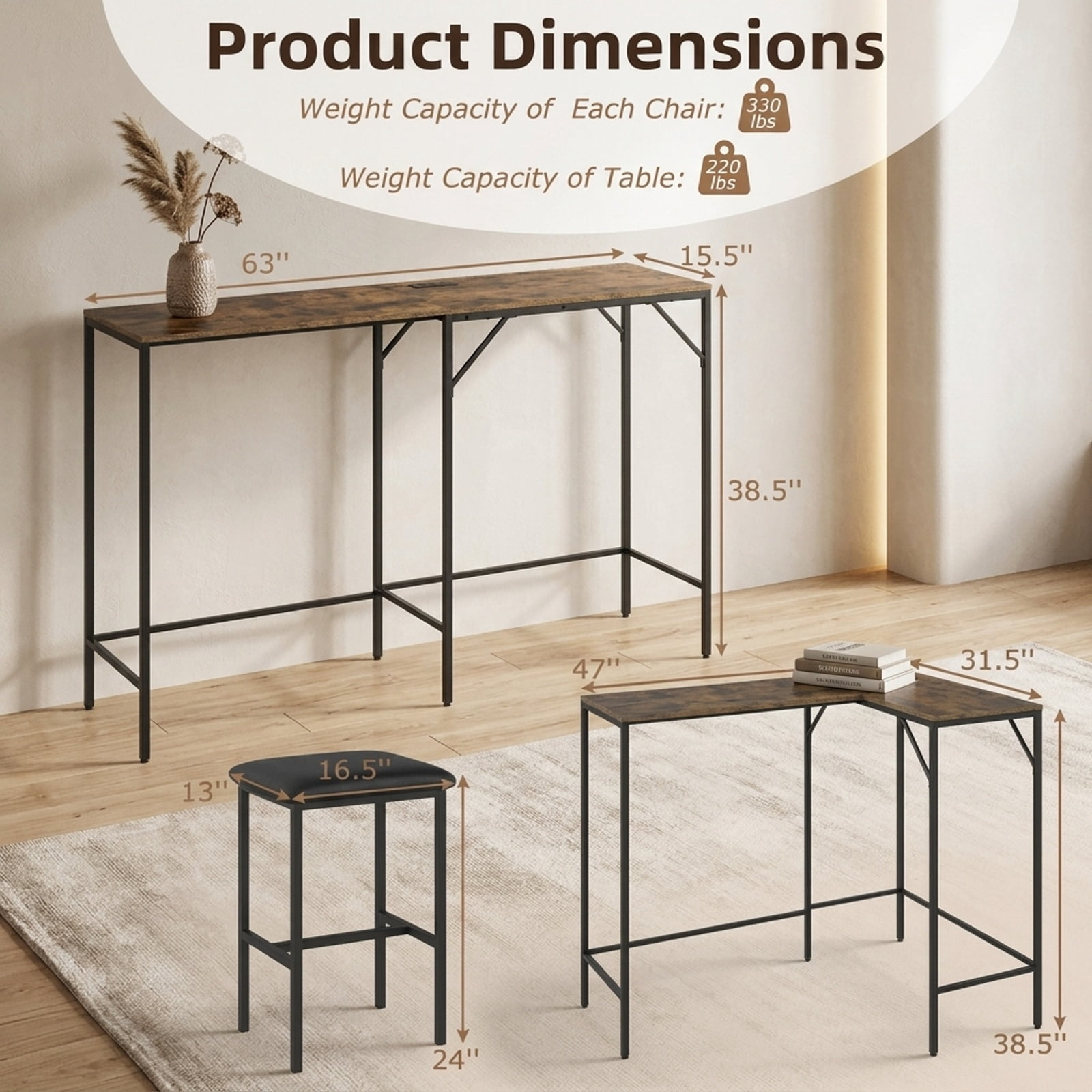 Furnibear 3-Piece Convertible L-Shaped Kitchen Table Chair Set with 2 AC Outlets USB Port and Type-C Port for Kitchen Dining Room, Rustic Brown