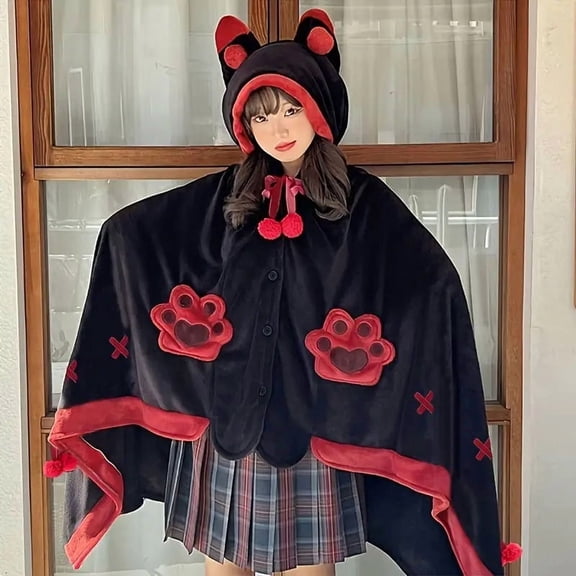 Women’s Cute Fox Design Hooded Cloak with Cat Ears & Paw Prints, Soft Warm Winter Cape, Black & Red Hooded Cloak for Themed Events & Parties,  Machine Washable Mid-length Blanket for Winter