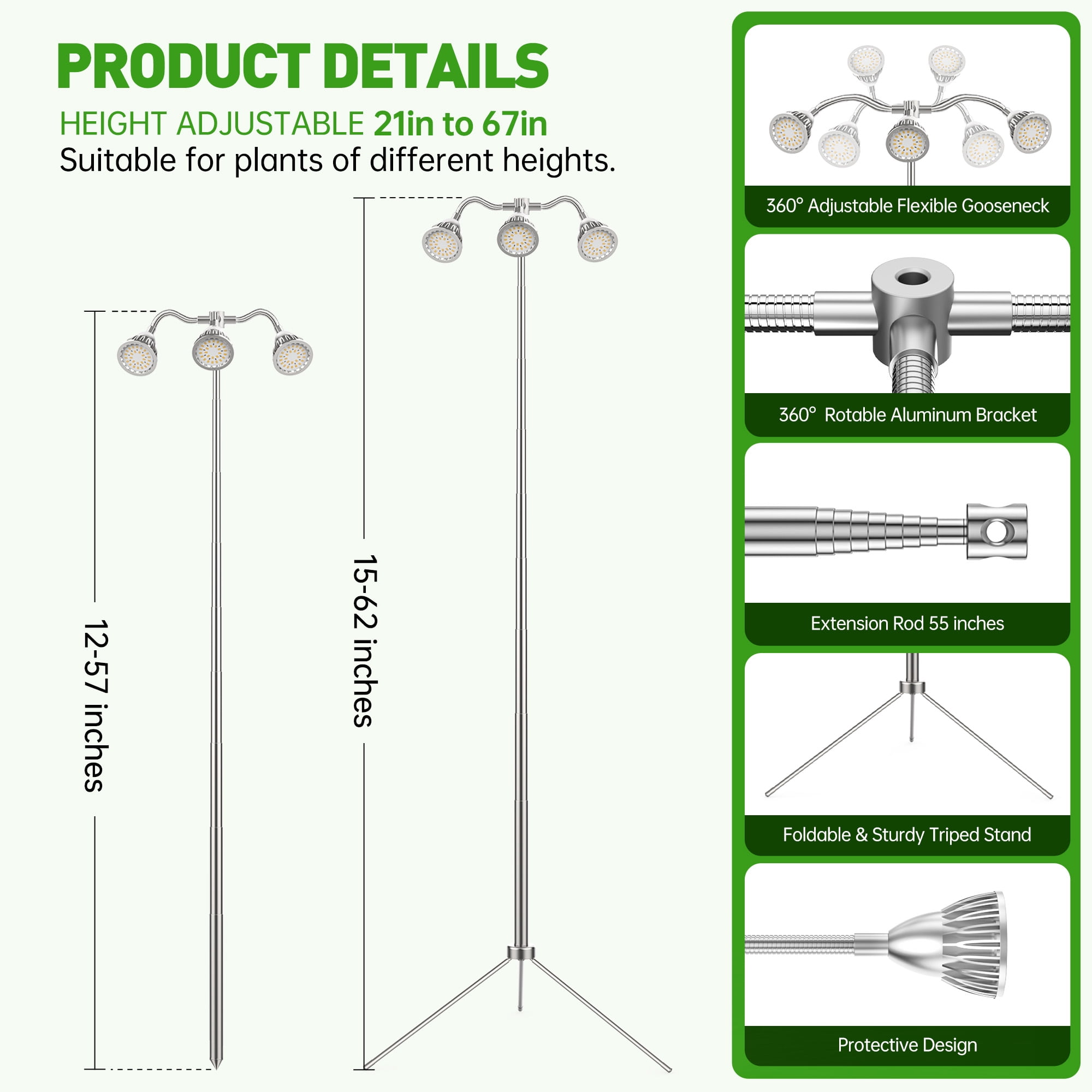 GPED 3-Heads Grow Lights for Indoor Plants, Full Spectrum Plant