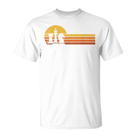 Retro Chess Sunset Graphic T-Shirt - Vintage Strategy Player Unisex Cotton Tee - Classic Grandmaster Tabletop Game Casual Apparel