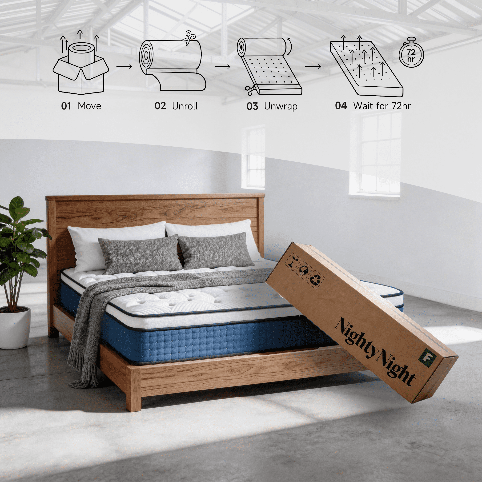 NightyNight 14" Queen Size Firm Hybrid Mattress in a Box with Cooling Gel for Back Support & Pressure Relief