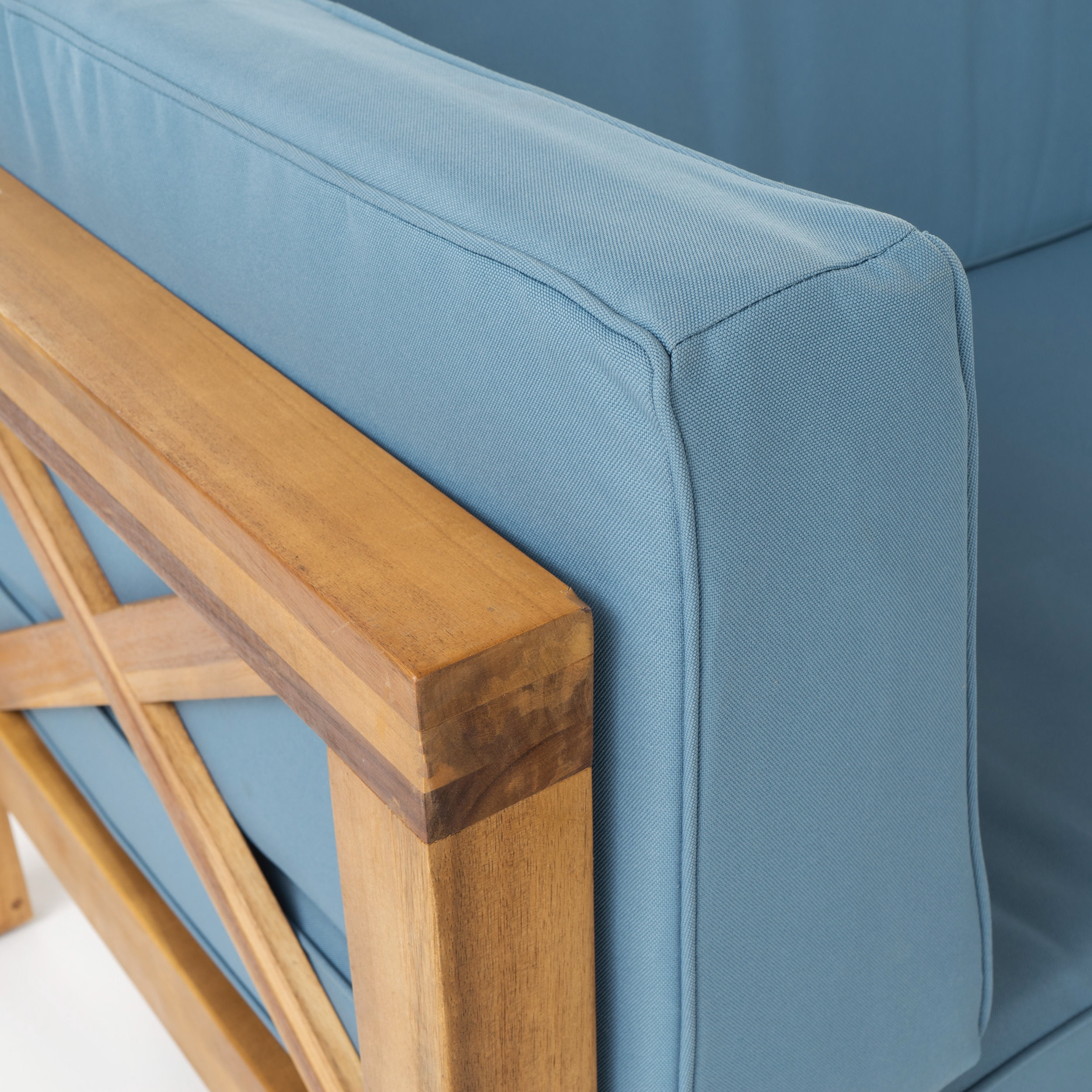 Elisha Acacia Wood Outdoor Left Arm Loveseat and Coffee Table Set with Cushion, Teak and Blue