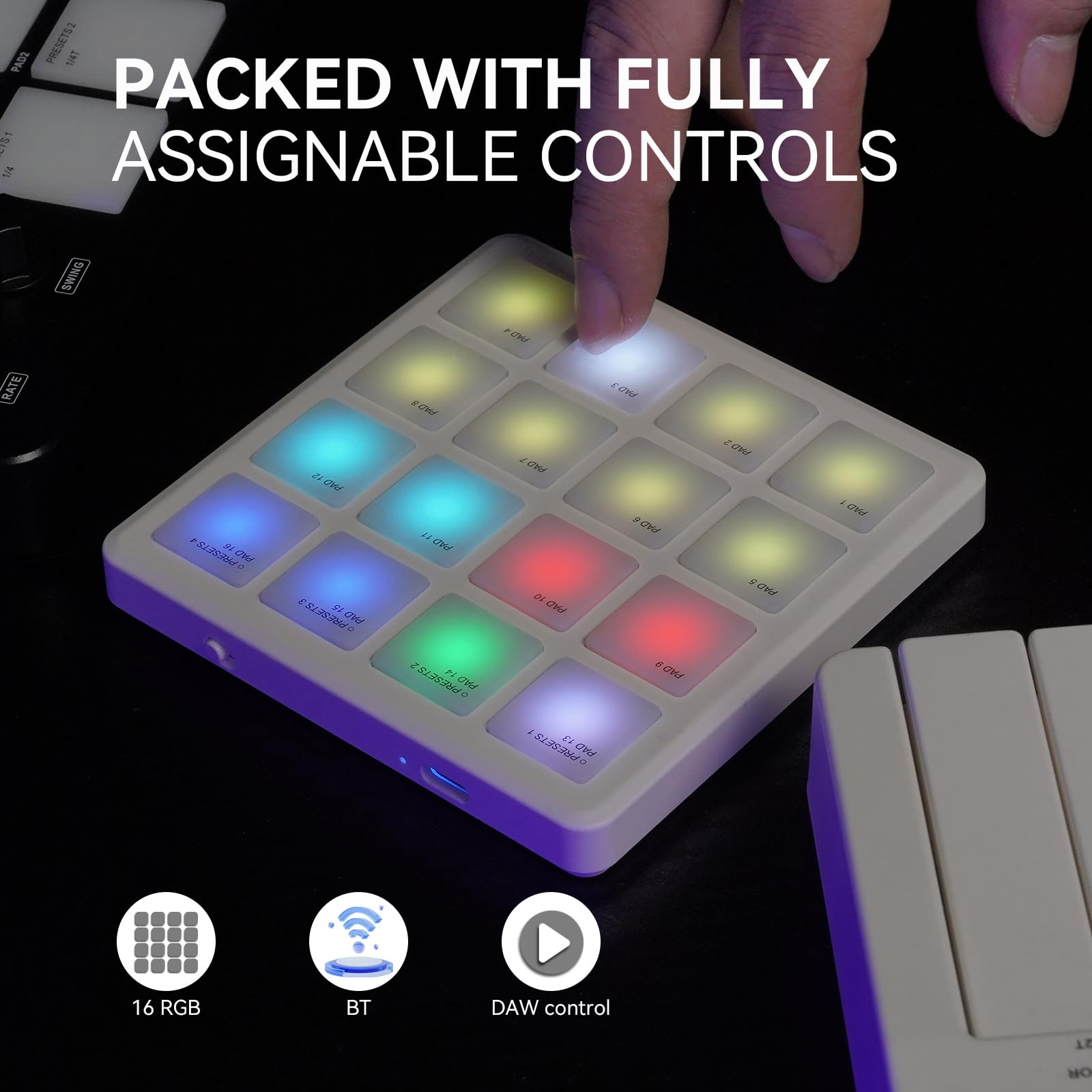 MIDI Controller Drum Pad Wireless Bluetooth MIDI Keyboard 16 Strike Pad Velocity Sensitive, Note Repeat, Full Level Buttons RGB Backlight Portable with Wired USB-C Built-in Battery