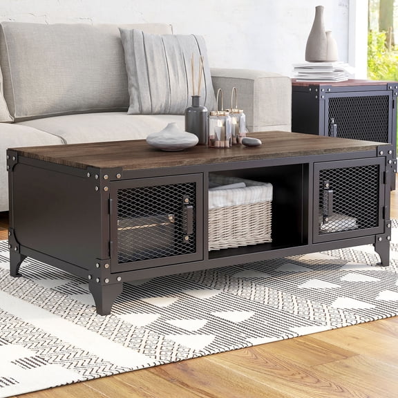 Conner 4-Door Metal Coffee Table, Dark Walnut and Sand Black