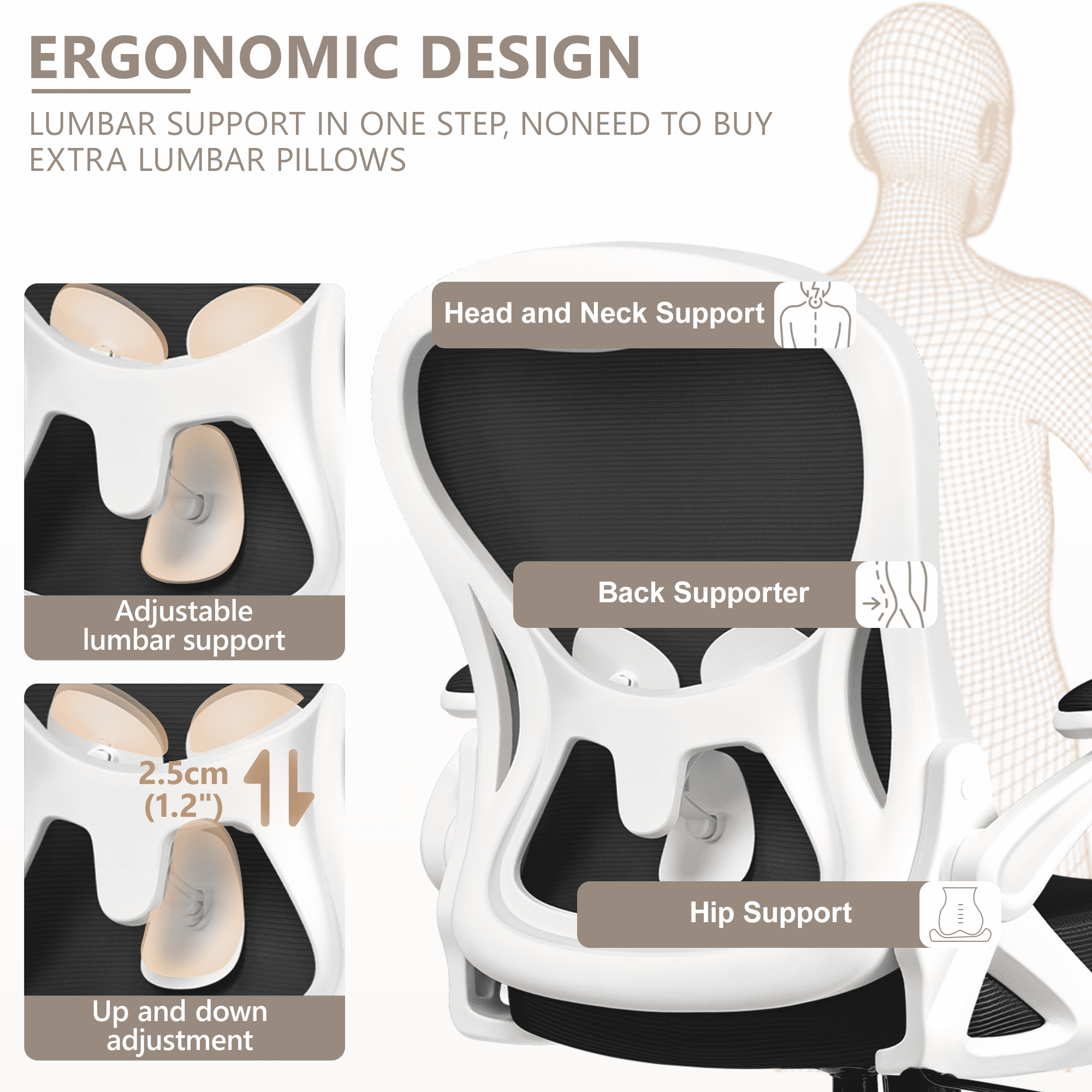 ATHOPE Office Chair, Ergonomic Desk Chair with Flip Up Armrests, Height Adjustable Computer Chair with Lumbar Support, White