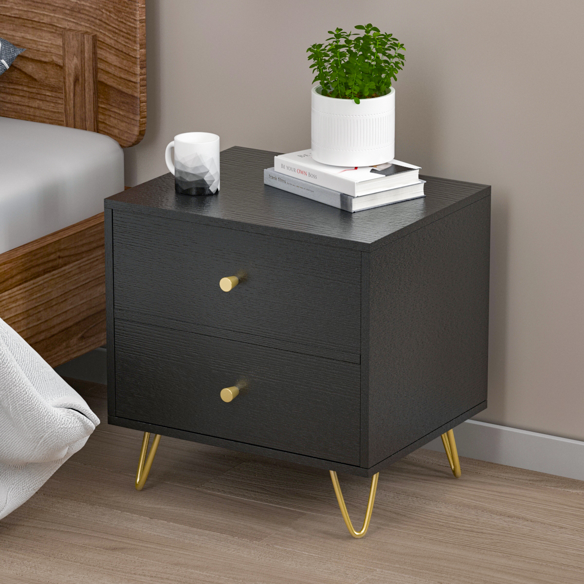 Nightstands Bedside Table with 2 Drawers, End Table with Gold Metal