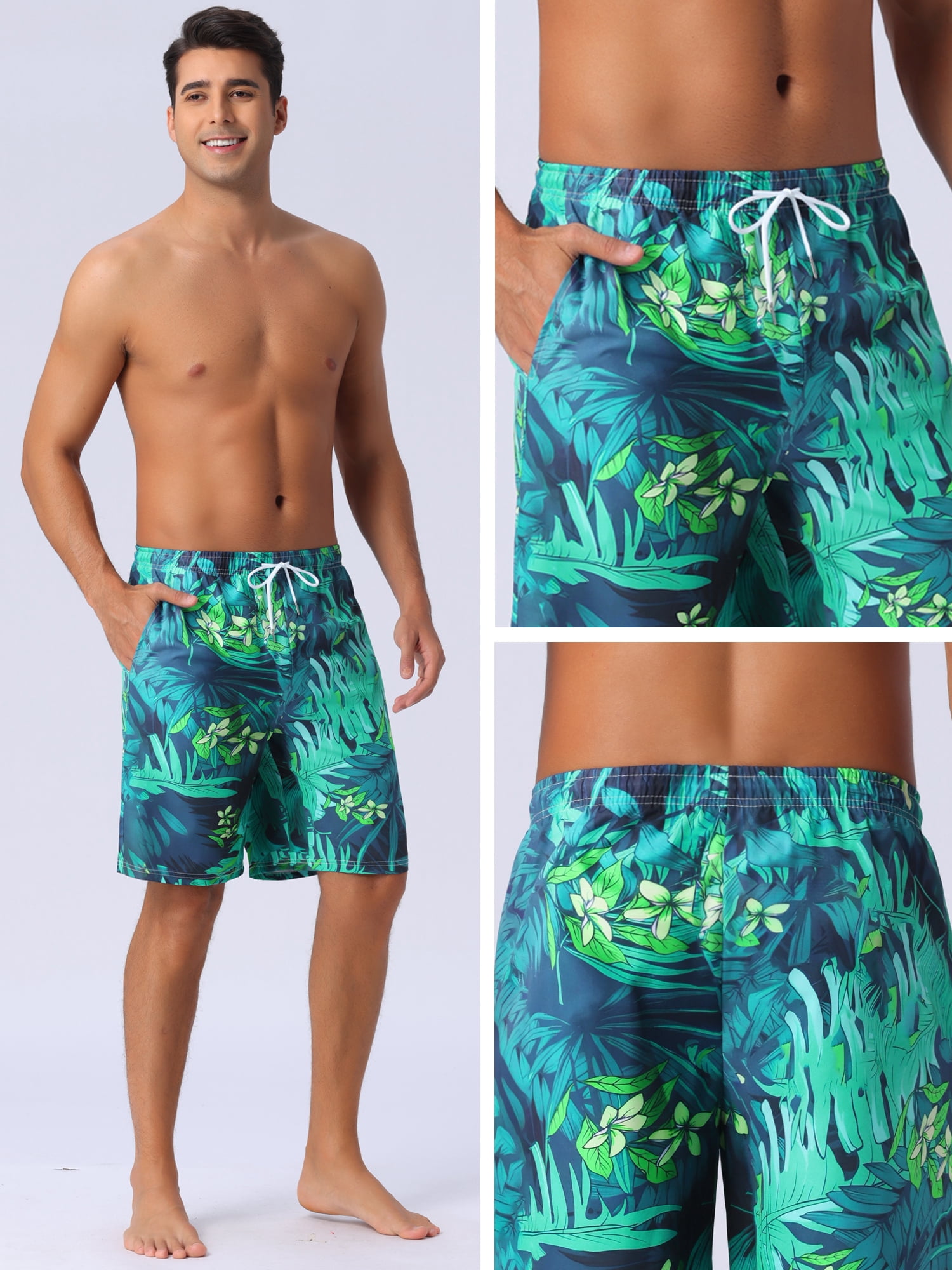 DARING DIVA Men's Floral Print Elastic Waist Drawstring Hawaiian Beach Swim Shorts 30 Dark Green