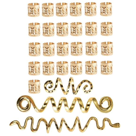 Golden Alloy Hair Rings and Cuffs for Decor 28pcs Suitable for Braids and Dreadlocks