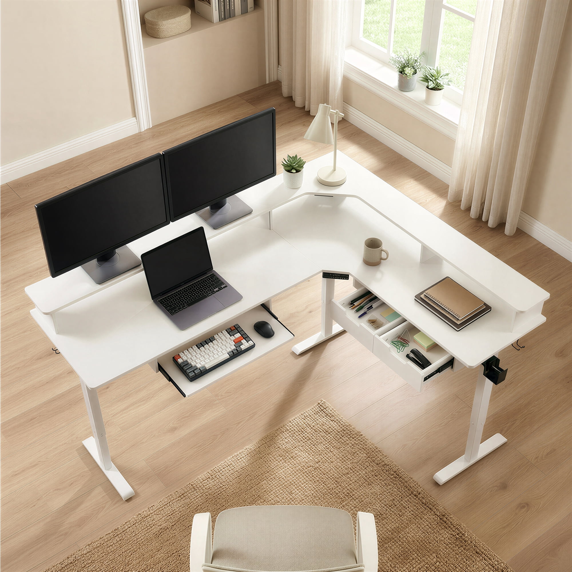 OKD 60" Electric Standing Desk with LED Strip & Power Outlets, L-Shaped Corner Desk with Shelves & Keyboard Tray, Adjustable Height Computer Desk, Antique White
