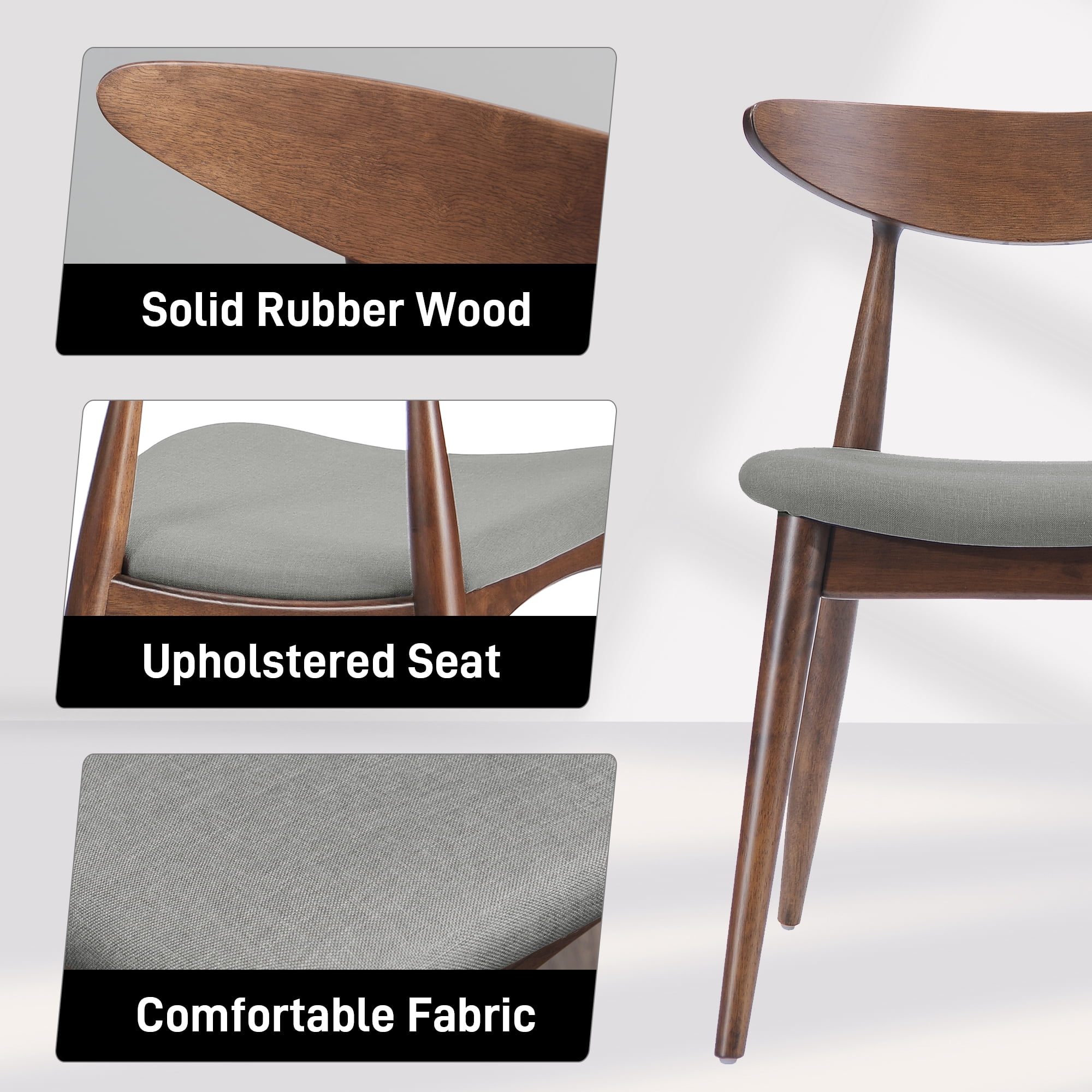 Aukfa Dining Chairs Set of 2, Mid Century Wood Side Chairs with Curved Backrest and Upholstered Seat, Dining Room Chairs for Kitchen, Living Room, Walnut