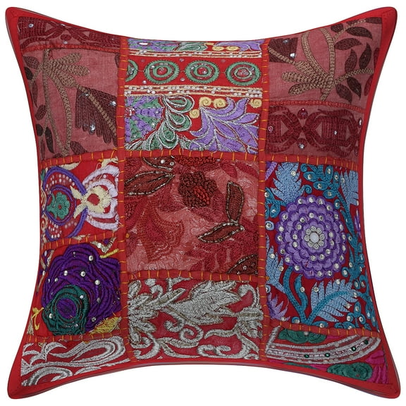 Stylo Culture Indian Cotton Decorative Throw Pillow Sham Cover Red 12x12 Bohemian Vintage Patchwork Indian Couch Cushion Cover 30 x 30 cm Home Decor Abstract Square Pillowcase | 1 Pc