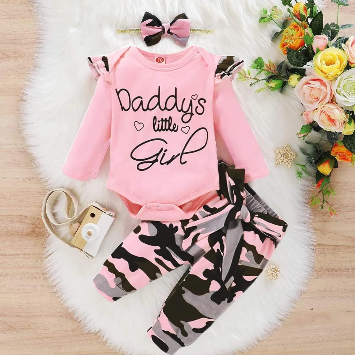 SUCS Newborn Baby Girl Clothes Infant Girl Outfits Long Sleeve Ruffle Romper  Floral Pants Headband Set