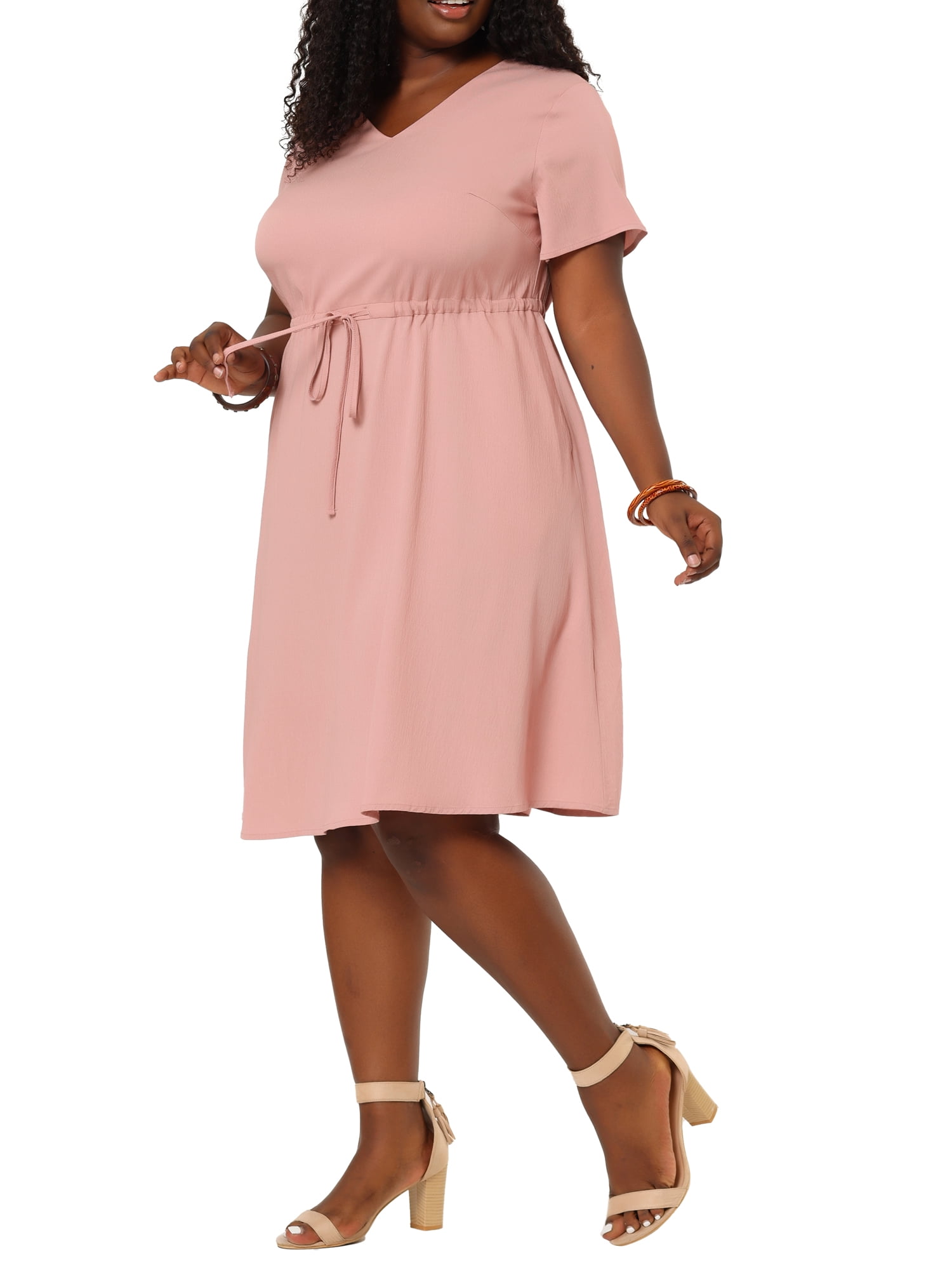 Unique Bargains Women's Plus V Neck Short Sleeve A-Line Denim Dresses 4X Pink