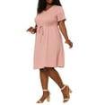thumbnail image 4 of Unique Bargains Women's Plus V Neck Short Sleeve A-Line Denim Dresses 3X Pink, 4 of 7