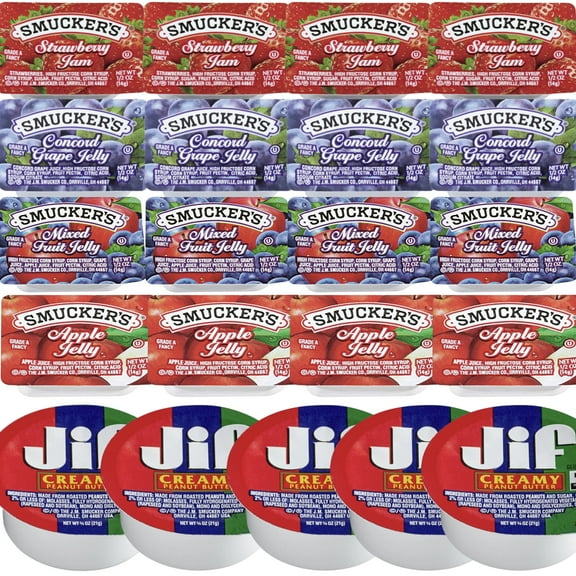 Smucker's and JIF TO GO - 50 Count Single Serve Jelly, Jam, Marmalade & Peanut Butter Cups – Travel Size Breakfast Spreads – Variety Pack for Lunchboxes, Hotels, Schools & To-Go Meals