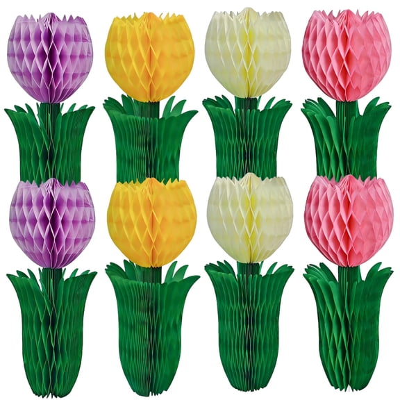 8 Pcs Tulip Honeycomb Decorations, 7.9 x 3.1 in / 20 x 8 cm Paper Flower Centerpieces, Yellow Pink Beige Wisteria Spring Decor for Birthday Parties, Mother's Day, Home & Office