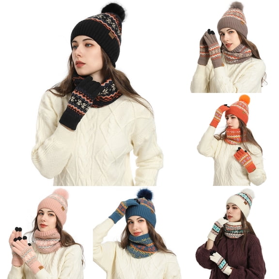 YUEHUA Womens Winter Beanie Hat Scarf Touchscreen Gloves Set Knit Warm Skull Caps Long Neck Scarves for Women Men