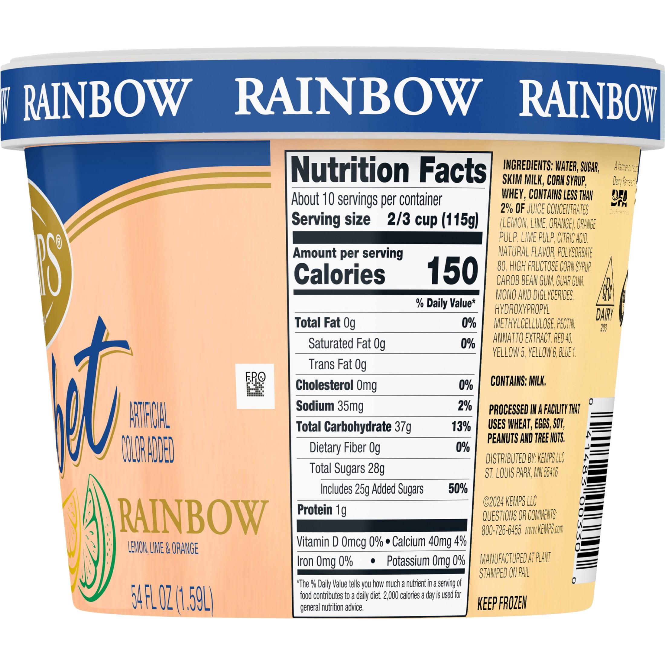 Kemps Fat Free Rainbow Sherbet, 54 fl oz