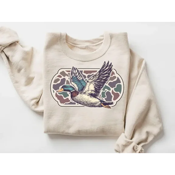 Camo Flying Mallard Bird Old School Camo Sweatshirt, Sublimated Vintage Sweatshirt, Crewneck 90s Waterfowl Duck Sweatshirt