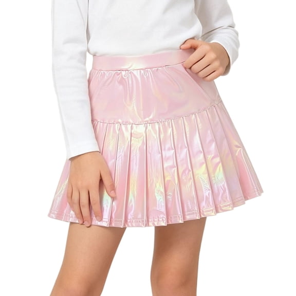 Girls Cosplay Skirts Holographic Metallic Pleated Mini Skirt Shiny High Waist A-Line Skort For Party Performance