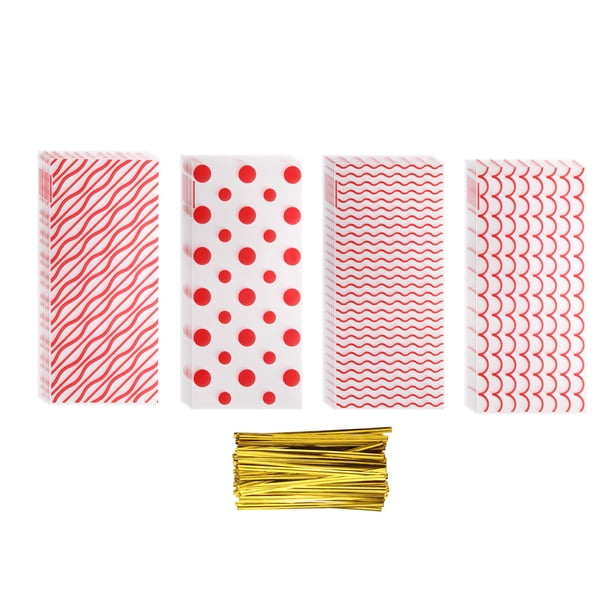 100 Pcs Bolsas de Celofán para Dulces, 10.8" x 4.9" Bolsas de Celofán Transparentes Planas de Plástico con Cierres de Torcido, Rojo