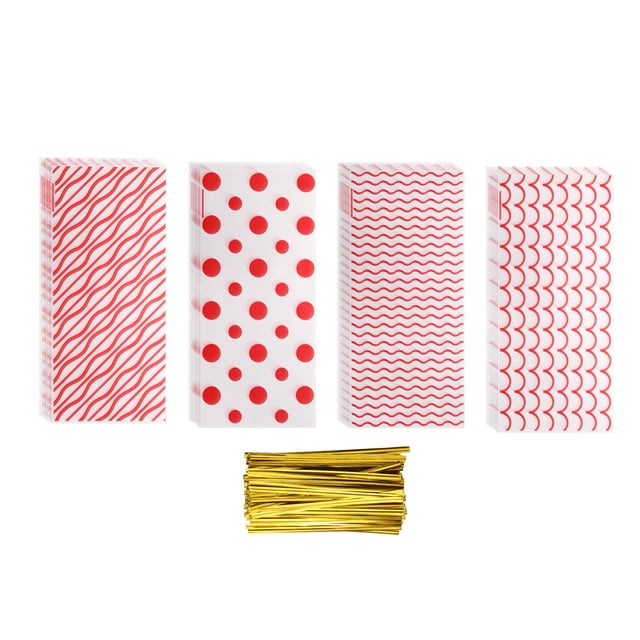 100 Pcs Bolsas de Celofán para Dulces, 10.8" x 4.9" Bolsas de Celofán Transparentes Planas de Plástico con Cierres de Torcido, Rojo