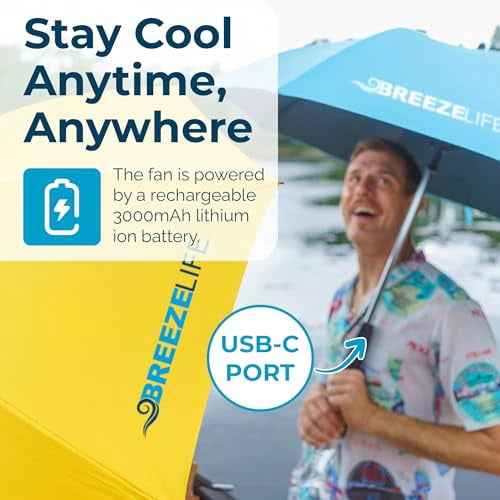 Breeze Life Sun Umbrella with Fan and Mister, Rechargeable UPF 50+ Sunblock Misting UV Umbrella. Perfect UV Sun Protectin for Sports, Golf, Festivals and More. Mister Breeze Gen2 (Rainbow)