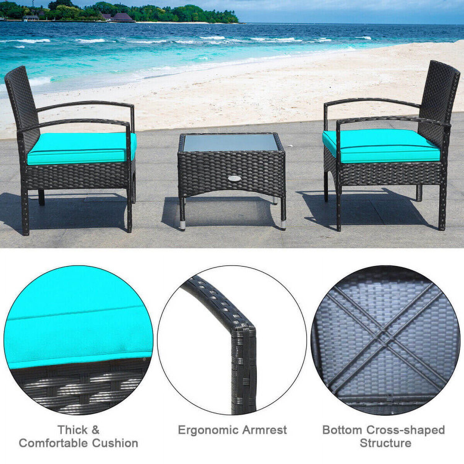 Aimee Lii 3 Pieces Patio Wicker Rattan Furniture Set with Cushion for Lawn Backyard, Rattaner Outdoor Patio Furniture, Turquoise Aimee Lii 3 Pieces Patio Wicker Rattan Furniture Set with Cushion for Lawn Backyard, Rattaner Outdoor Patio Furniture, Turquoise