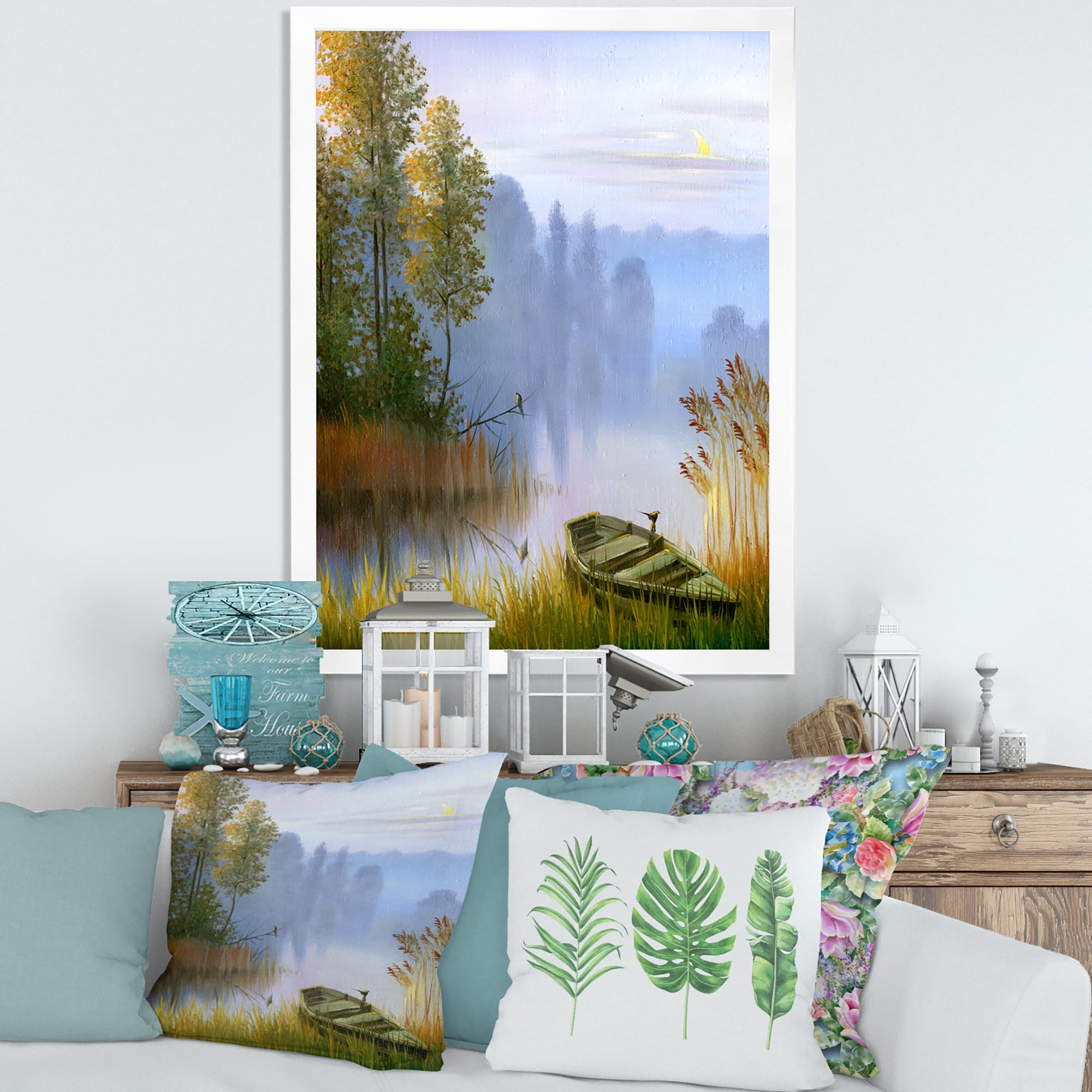 Designart 'The Bank Of The Lake With The Boat' Traditional Framed Art Print