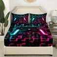 thumbnail image 2 of Gamer Bed Sheets Gaming Full Fitted Sheet Teen Men Neon Lights Ombre Checkered Video Games Bedding Set 3D Geometric Game Console Bed Sheets Blue Purple, 2 of 5