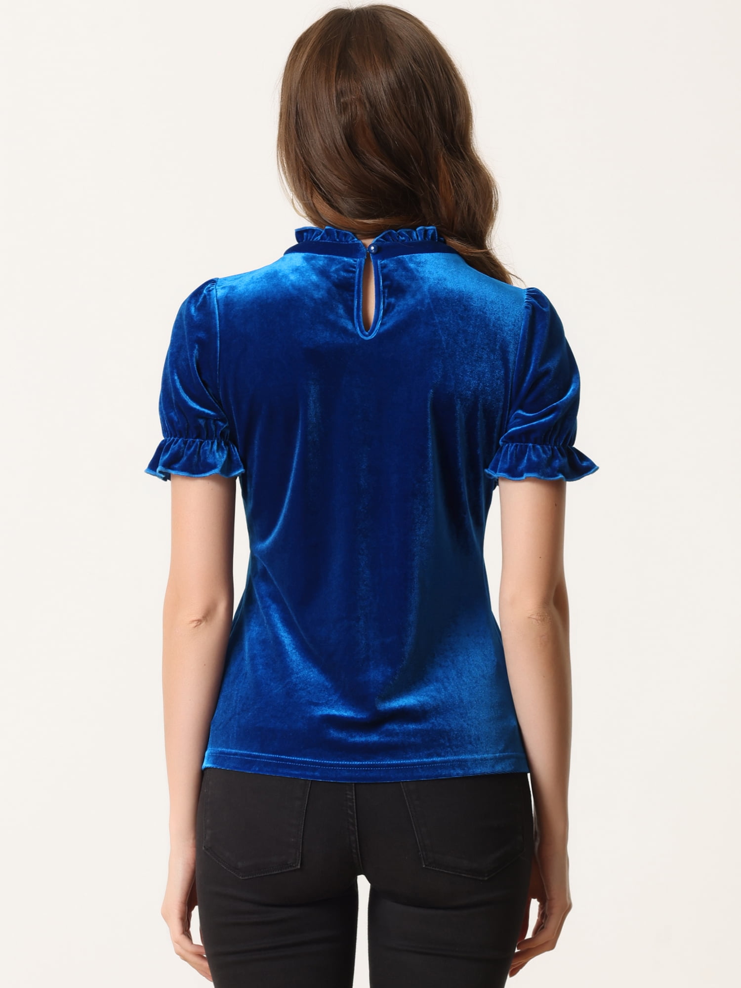 DARING DIVA Women's Ruffle Collar Shirt Velvet Tops Blouse XS Royal Blue