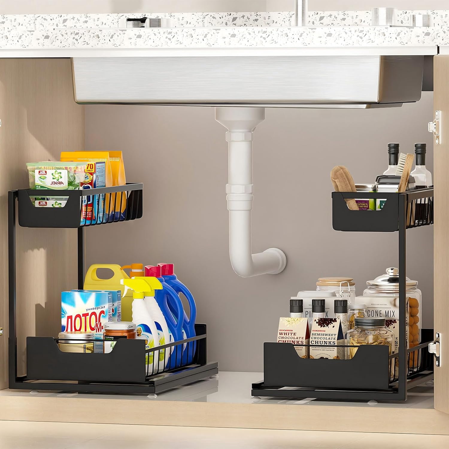 Under Kitchen Sink Organizers and Storage Pull Out 2 Tier Metal Bathroom Cabinet Organizer (White, 2 Pack)