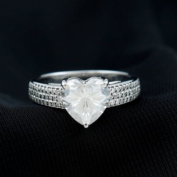 Silvago Jewel 14K White Gold Plated Lab Created Heart Cut 2.40 Ct Diamond Ring - Engagement Solitaire With Accent Ring for Women's - Heart Shape Proposal Ring - Anniversary Gift For Women's