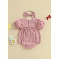 thumbnail image 6 of Baby Toddler Girl Bow Bubble Romper 3 6 12 18 Months Short Sleeve Bodysuit with Bow Headband Cute Summer Clothes, 6 of 9
