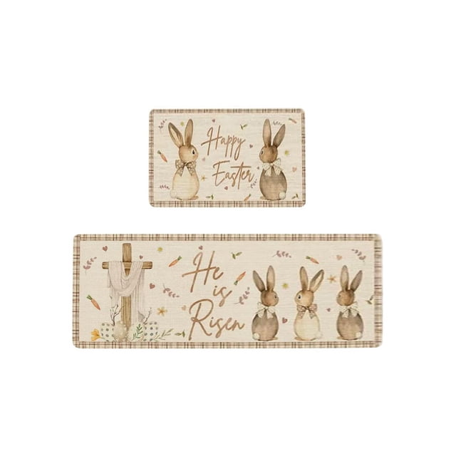 Vwrxbz Easter Kitchen Mat Set 2 Piece Bunny Egg Design Runner and Small Rug Holiday Entrance Hallway Floor Mat