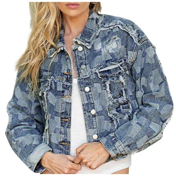 IROINNID Women's Denim Jacket Long Sleeve Graphic Prints Turndown Lapel Outwear, Casual Pockets Jacket Denim Outwear