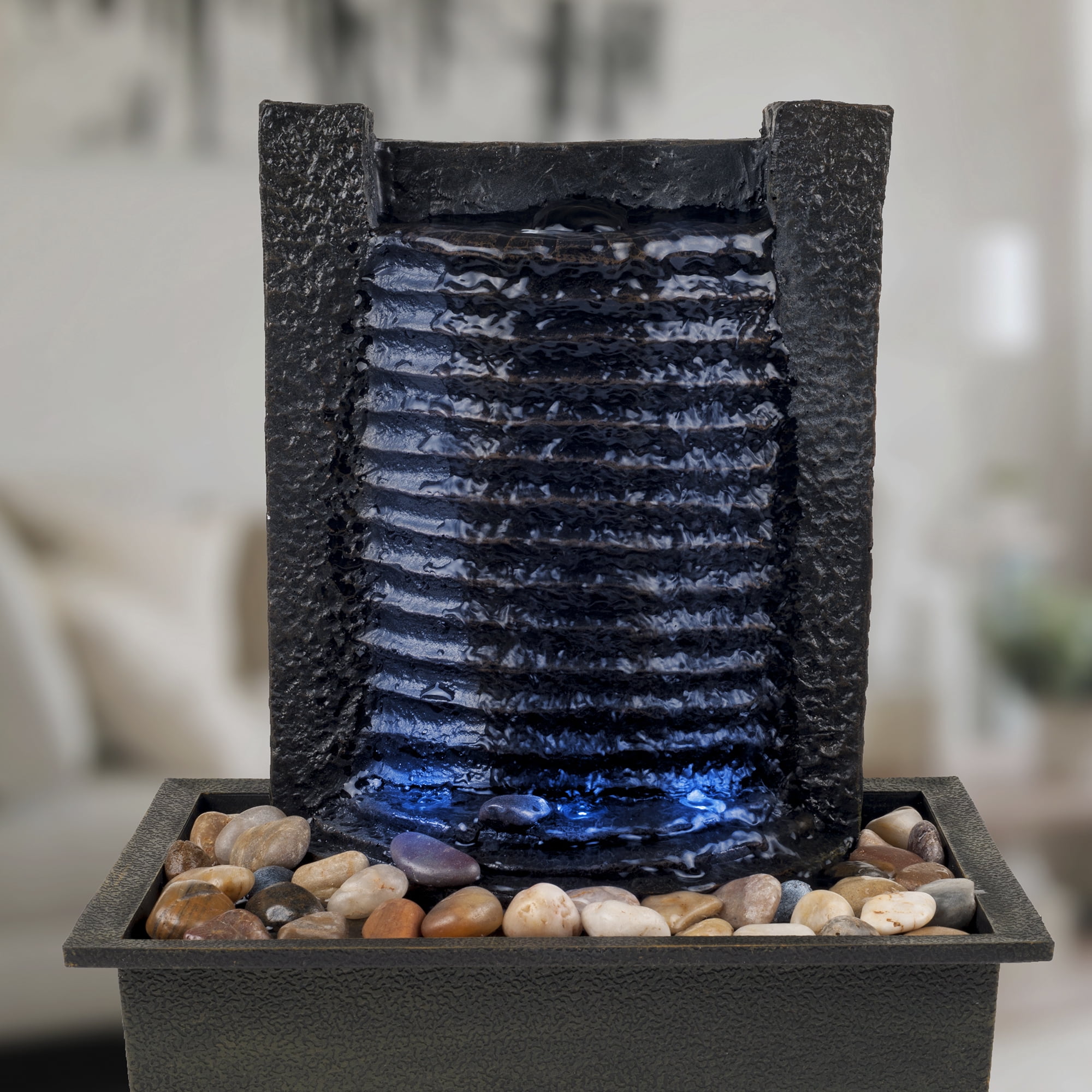 Pure Garden Indoor Water Fountain With LED Lights- Lighted Waterfall Tabletop Fountain With Stone Wall and Soothing Sound for Office and Home DÃ©cor By Pure Garden