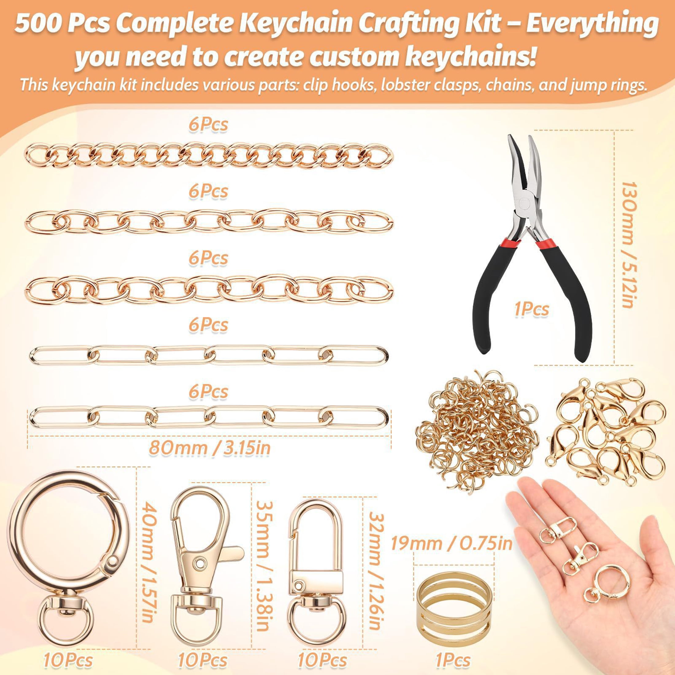 500Pcs Lip Gloss Keychain Making Kit with Charms, DIY Bag Charm Kit Including Key Chain Hooks, Jump Rings, Lobster Clasps & Tools, Gold Enamel Craft Making Supplies for Adults Teens Gifts