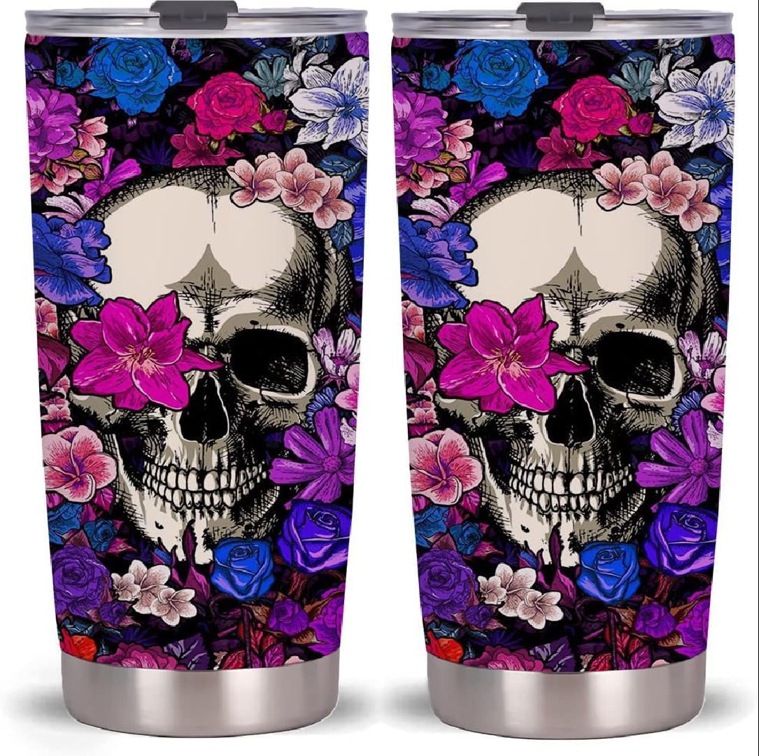 COOL GEAR 2-Pack 18 oz Skull Chiller Tumbler | Black & White Sugar Skull  Design Tumblers with Twist Off Lid and Straw