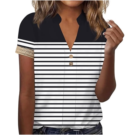 QATAINLAV 2024 Summer Womens Tops Casual Button V-Neck Lace Short Sleeve Blouses Fashion Striped Prints Henley Shirts Casual Loose Going Out Pullover Dollar Sales Navy M