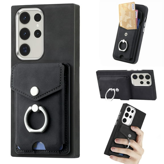 Wallet Case for Samsung S21 Ultra, Premium Leather Case with Card Holder, 360°Rotation Ring Kickstand, RFID Blocking Protective Magnetic Back Clsoure Case for Samsung Galaxy S21 Ultra, Black