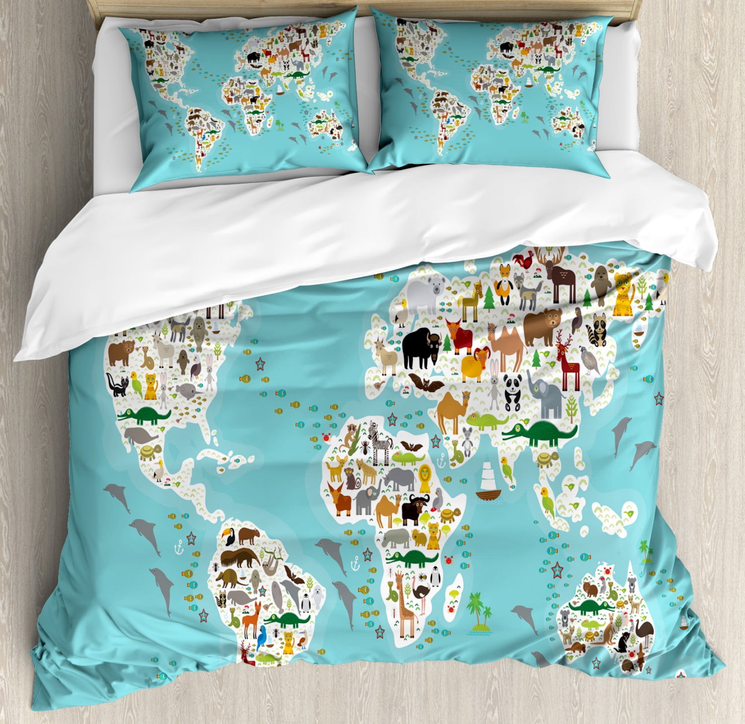 Wildlife Queen Size Duvet Cover Set, Graphic World Map Continents ...