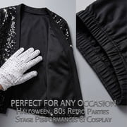 Pop Super Star Costume 5pcs Set, 80s Retro Black Sequin Jacket Trousers Hat Glove, Stage Outfit Halloween