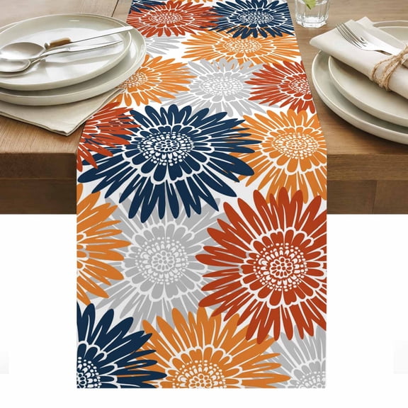 Navy Blue Red Orange Sunflower Cotton Linen Table Runner Abstract Blooming Floral Dining Table Runners for Home Decor Party Dining Room Restaurant Kitchen Party 13" x 36"