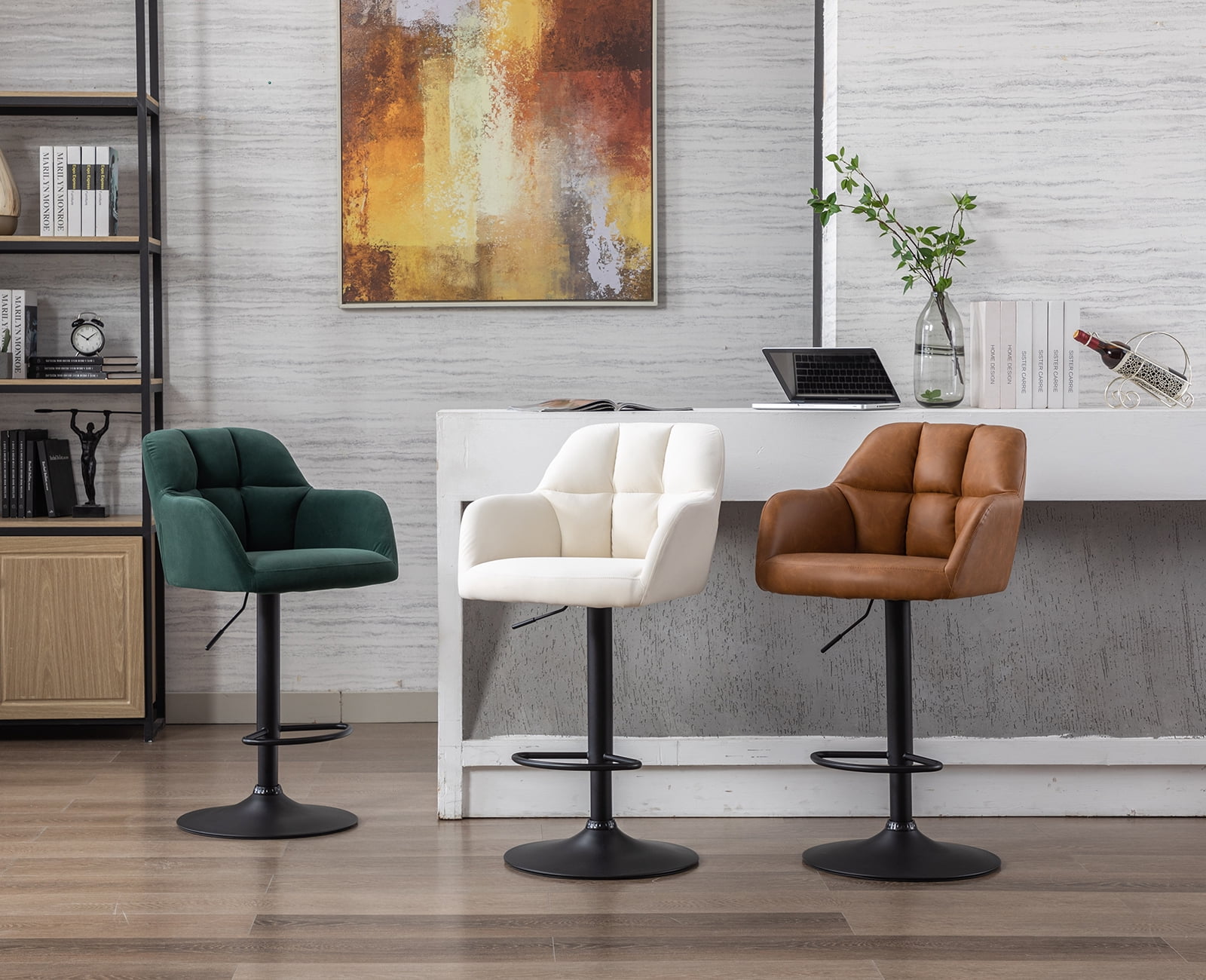 Guyou Modern Swivel Bar Stool Set of 2, PU Upholstered Adjustable Island Stool Counter Height Stool with Backrest and Metal Base for Kitchen Island Restaurant Bar, Brown