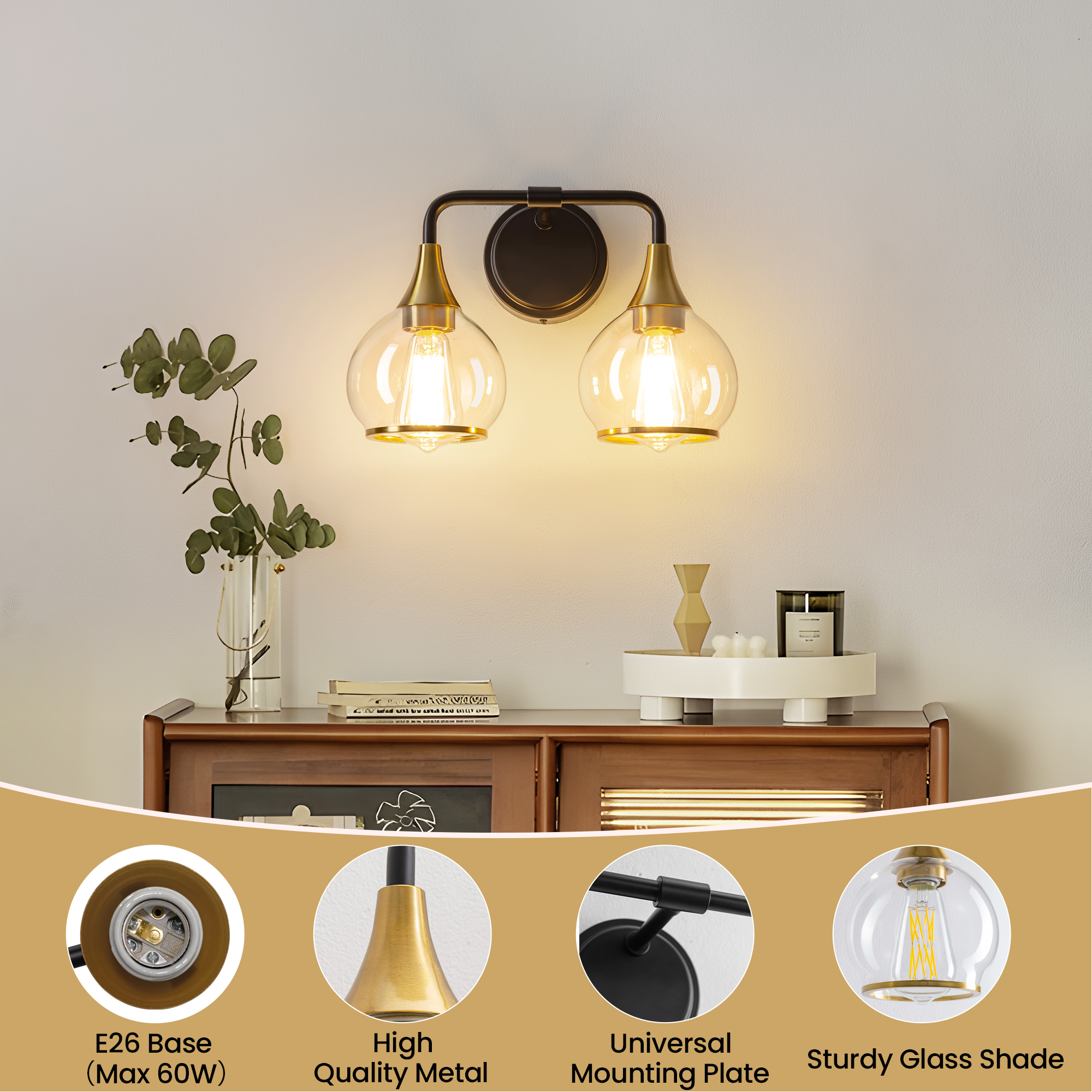 KAISITE 2-Light Black and Gold Modern Dimmable Vanity Lights with Globe Glass
